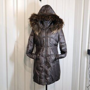 Creenstone Womens Puffer Coat Black Lined Hooded Raccoon Trim Hood Size 38/6